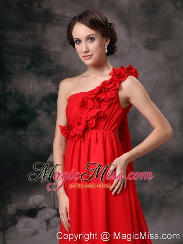 wholesale red empire one shoulder court train chiffon hand made flowers prom / evening dress