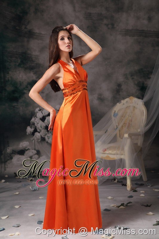 wholesale orange red empire halter floor-length taffeta beading prom dress