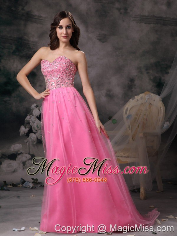 wholesale pink empire sweetheart brush train taffeta and tulle beading prom dress