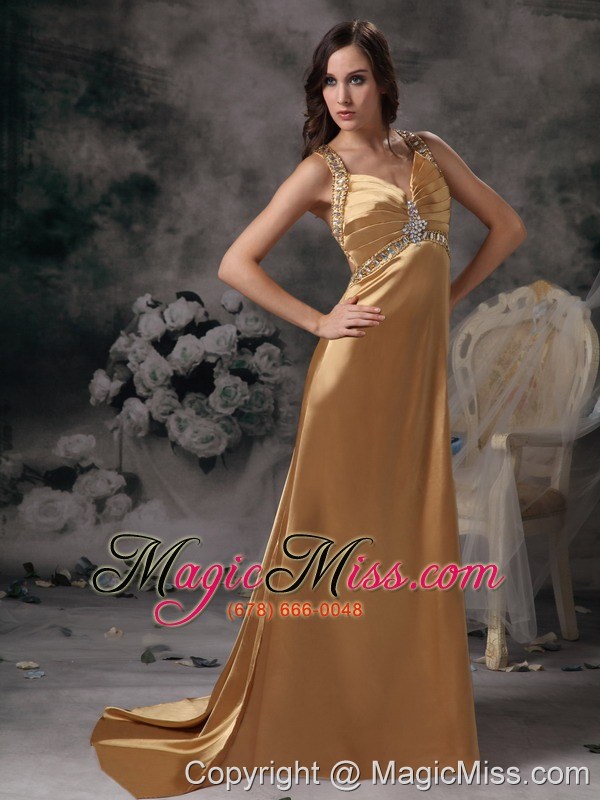 wholesale gold column straps brush train taffeta beading prom dress