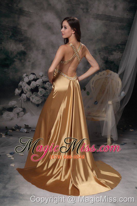 wholesale gold column straps brush train taffeta beading prom dress