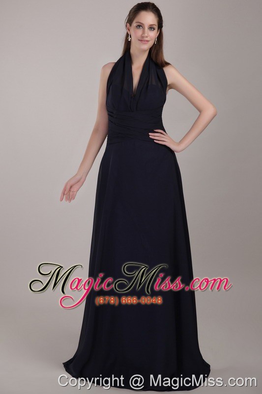 wholesale black column halter floor-length chiffon ruch prom dress