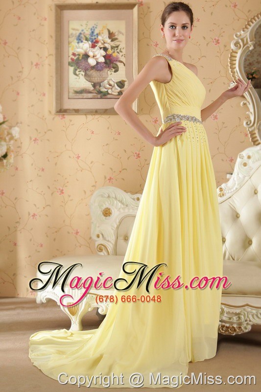 wholesale yellow column / sheath one shoulder brush train chiffon beading and ruch prom / evening dress