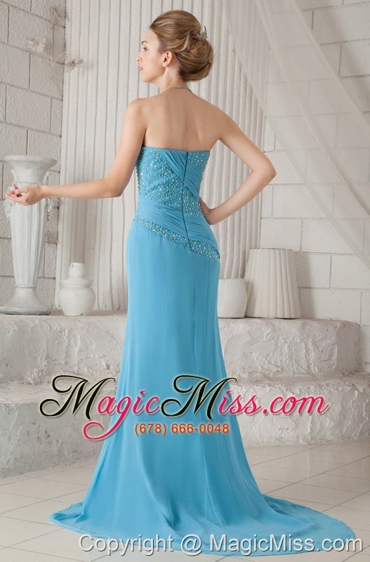 wholesale aqua blue column strapless brush train chiffon beading and ruch prom / celebrity dress