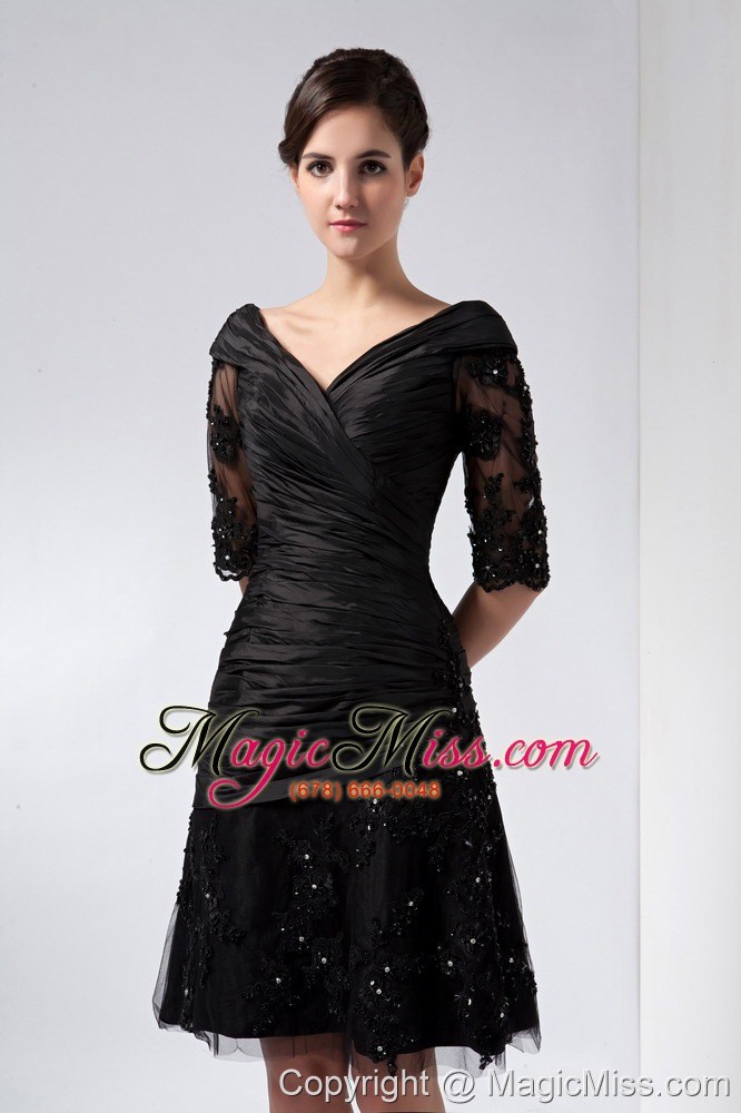 wholesale black column v-neck knee-length taffeta and tulle beading and lace mother of the bride dress