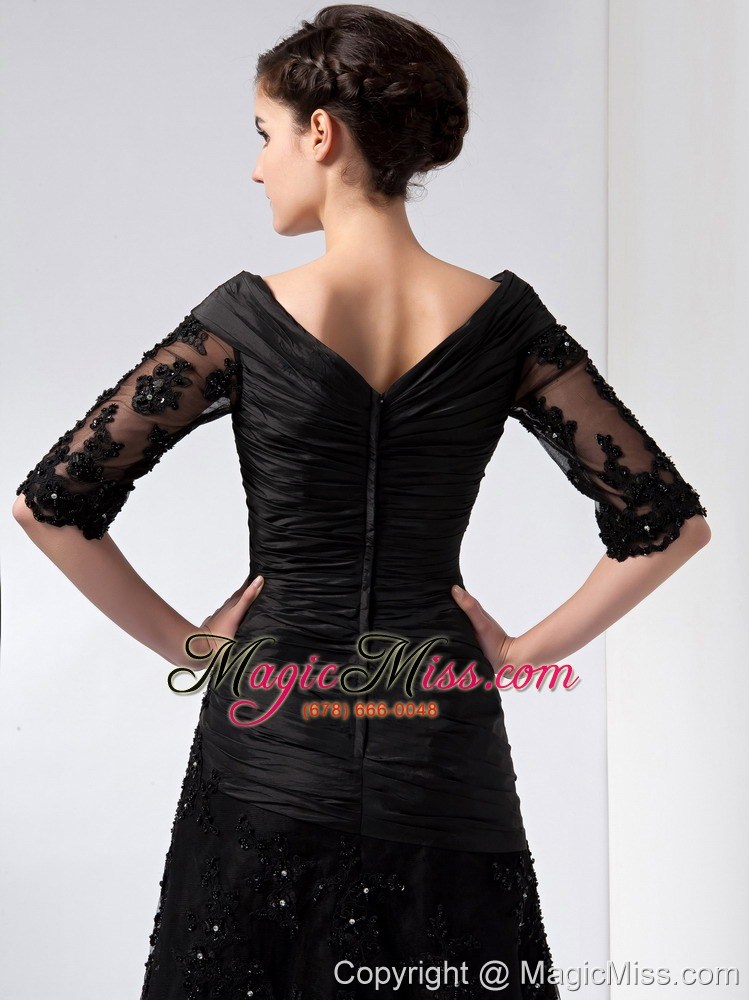 wholesale black column v-neck knee-length taffeta and tulle beading and lace mother of the bride dress