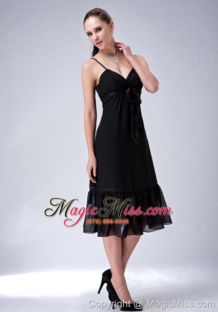 wholesale black column straps tea-length chiffon ruch bridesmaid dress