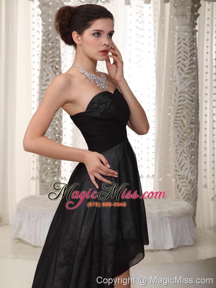 wholesale black empire sweetheart high-low chiffon and lace ruched prom dress