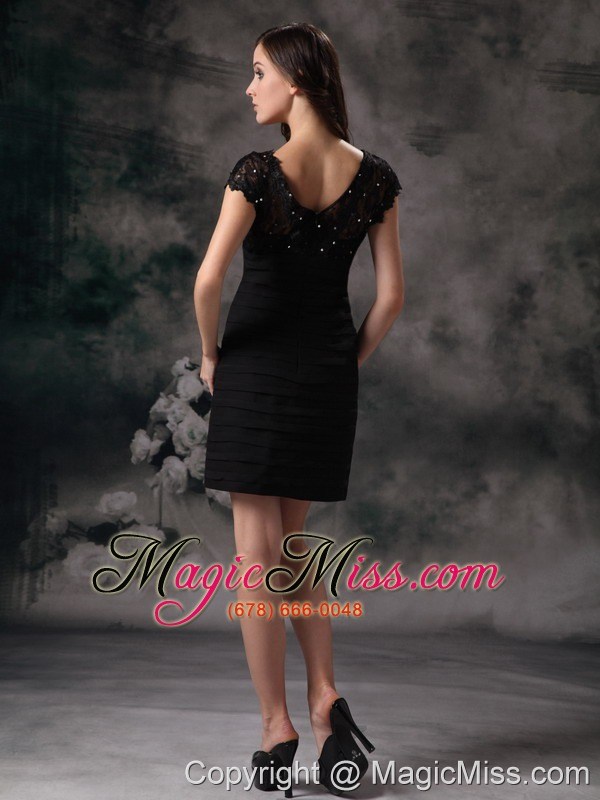 wholesale black column / sheath v-neck mini-length chiffon beading and lace prom dress