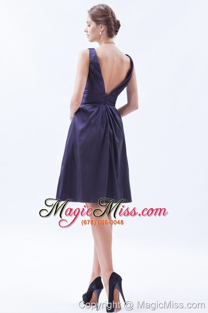 wholesale dark purple empire v-neck knee-length taffeta beading prom dress