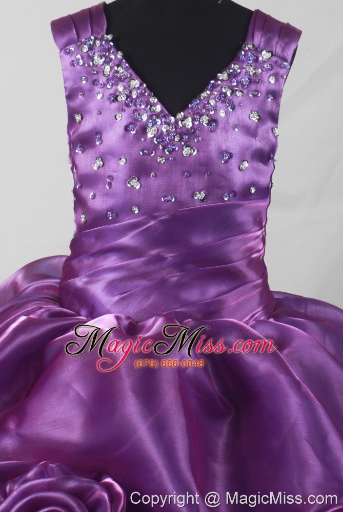wholesale purple beading and hand made flowers for little girl pageant dresses