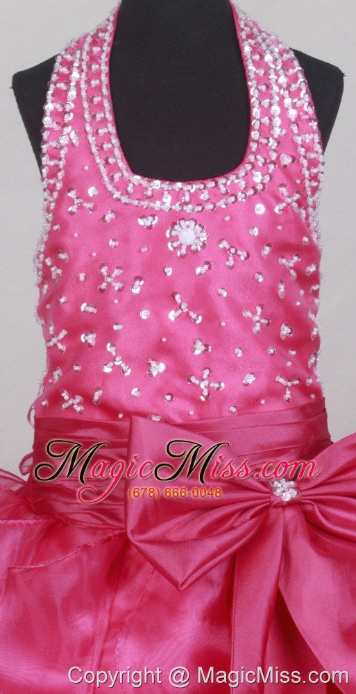 wholesale fushsia flower girl pageant dress with halter neckline beaded decorate bodice