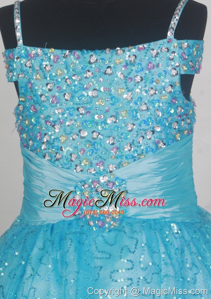 wholesale light blue sequin flower girl dress with spaghetti straps neckline beaded decorate