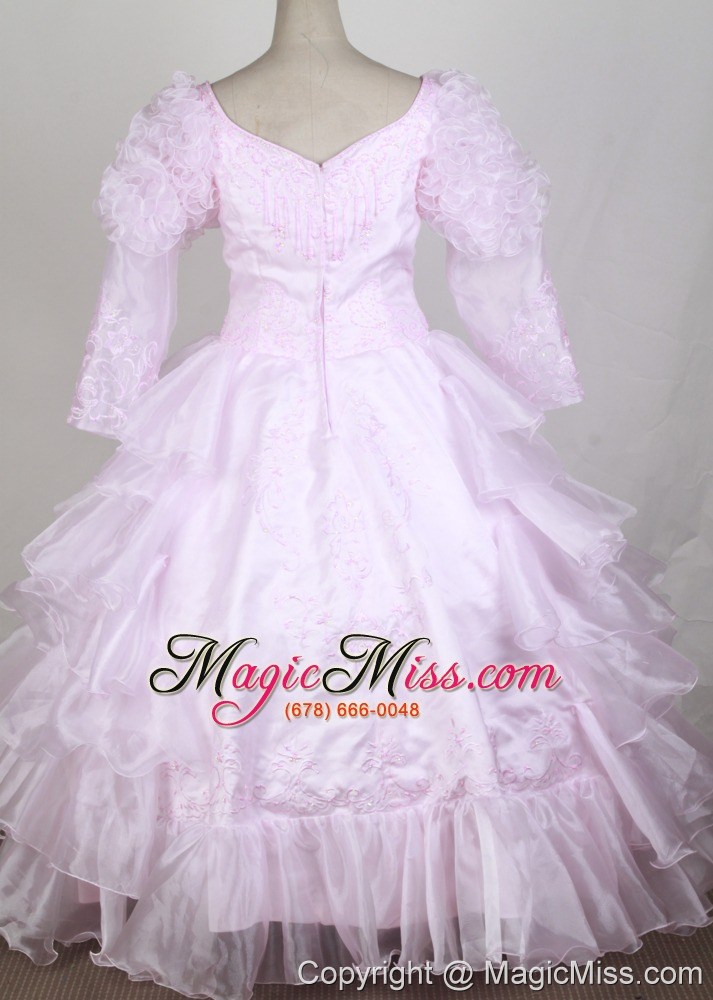 wholesale baby pink 2013 popular flower girl pageant dress with long sleeves embroidery and ruffled layers decorate