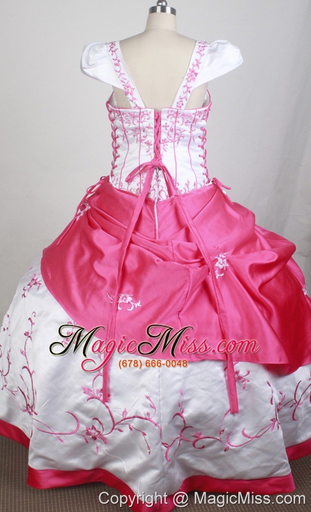 wholesale white and hot pink cap sleeves embroidery decorate flower girl pageant dres