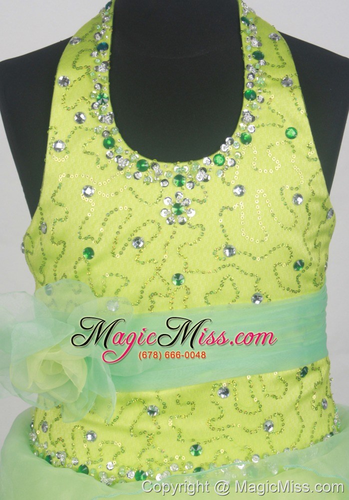 wholesale sequins and beading decorate apple green and spring green halter flower girl pageant dress with apple freen belt