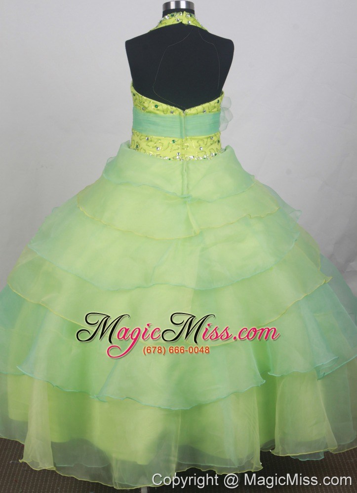 wholesale sequins and beading decorate apple green and spring green halter flower girl pageant dress with apple freen belt