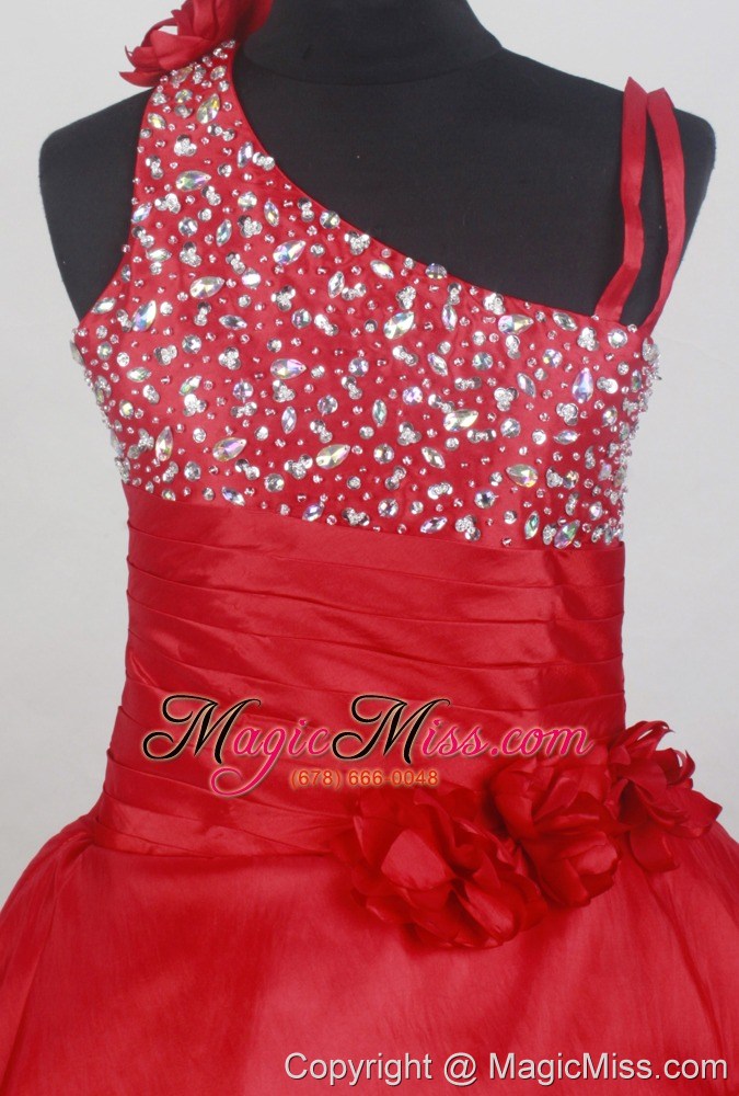 wholesale asymmetrical red beaded and flowers decorate flower girl dress