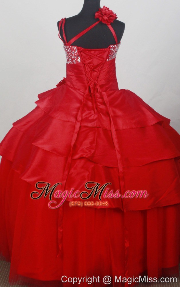 wholesale asymmetrical red beaded and flowers decorate flower girl dress