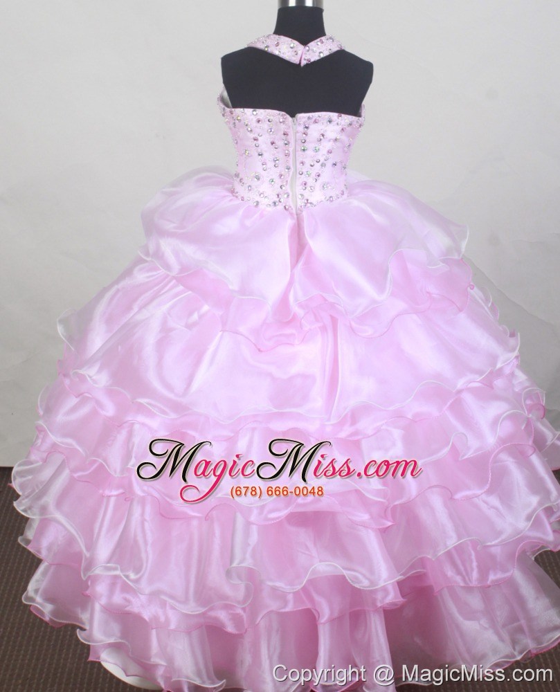 wholesale 2013 brand new halter baby pink flower girl pageant dress with beaded and ruffled layers decorate