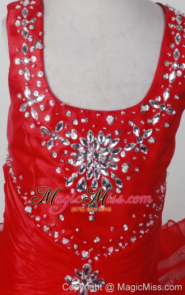 wholesale red pretty scoop neckline beaded decorate little girl pagaent dress