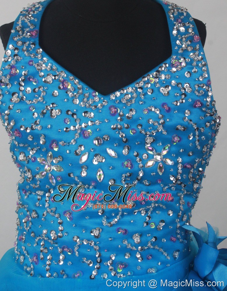 wholesale blue sweet haltert neckline flower girl pageant dress with beaded and flowers decorate