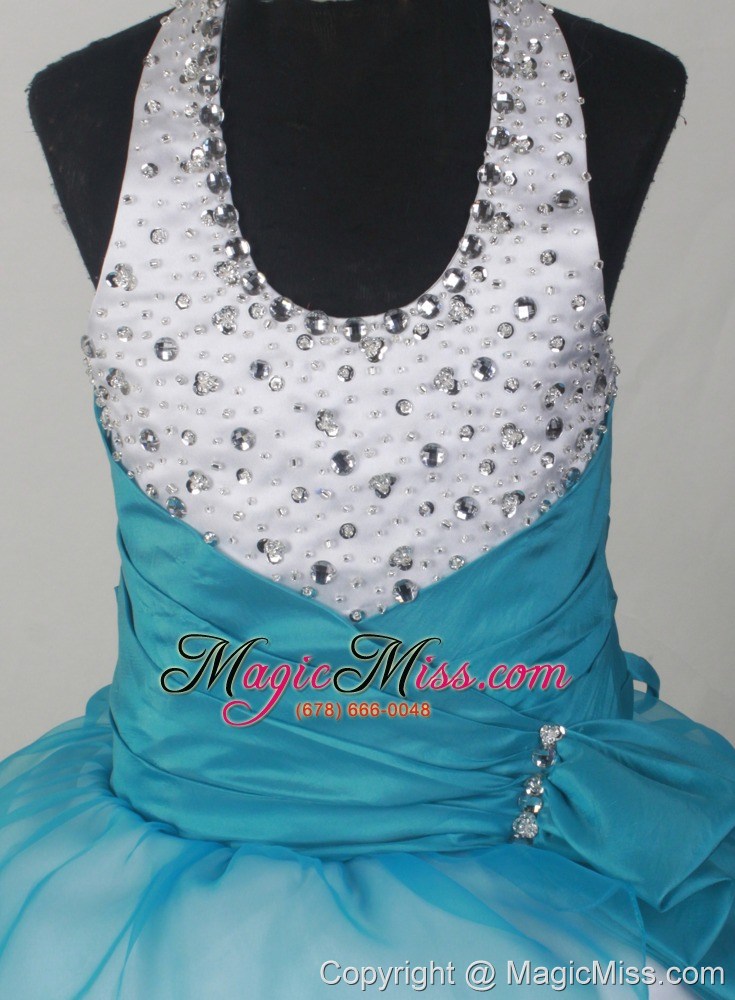 wholesale beaded decorate lovely halter neckline teal and white flower girl pageant dress