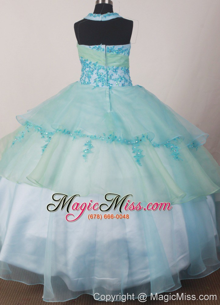 wholesale appliques decorate apple green and light blue halter flower girl pageant dress