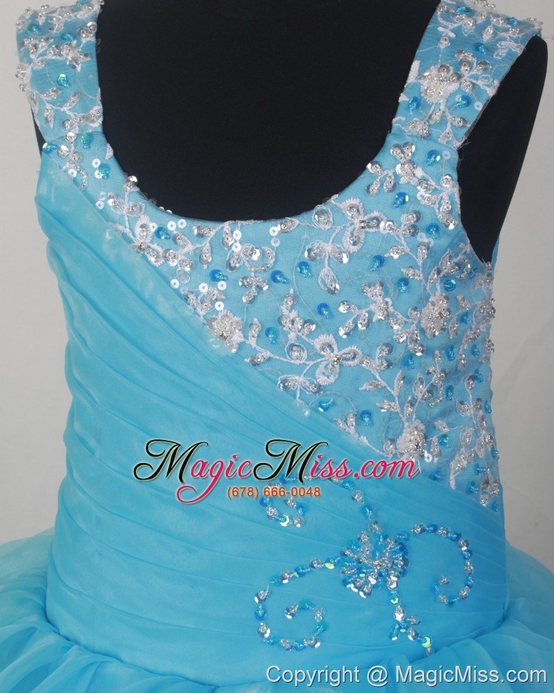 wholesale lovely light blue scoop neckline appliques decorate flower girl pagaent dress