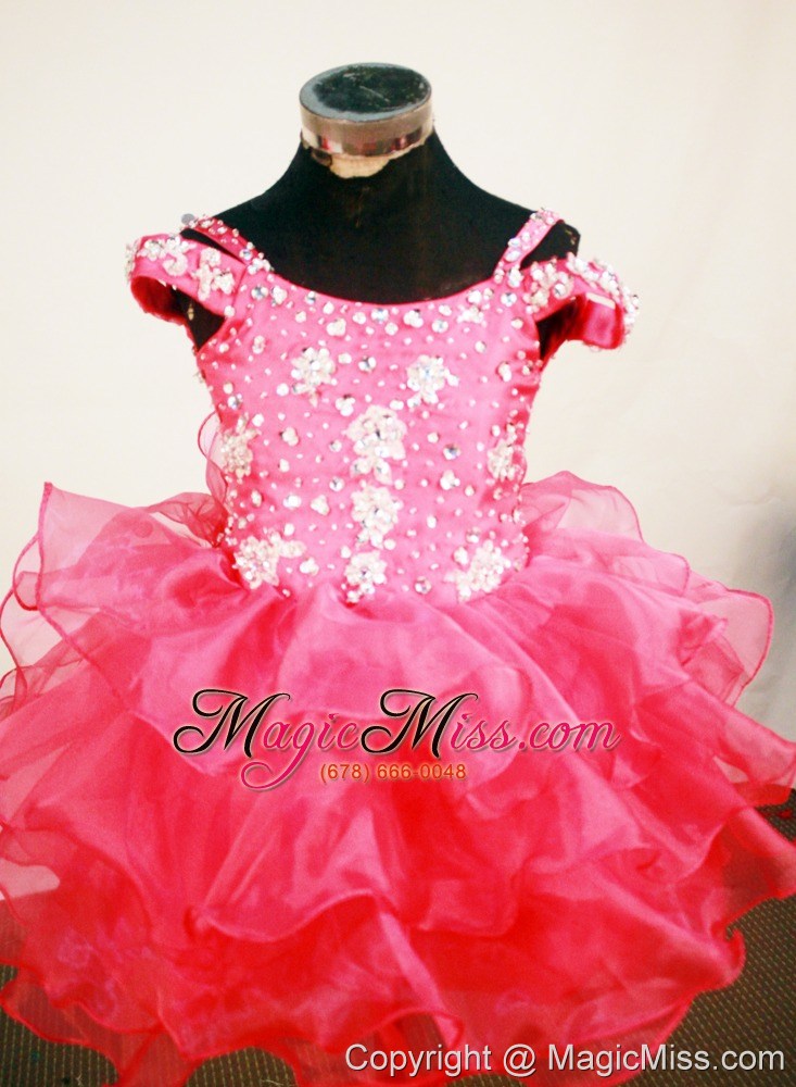 wholesale spaghetti straps hot pink beaded decorate mi-length organza flower girl pagaent dress