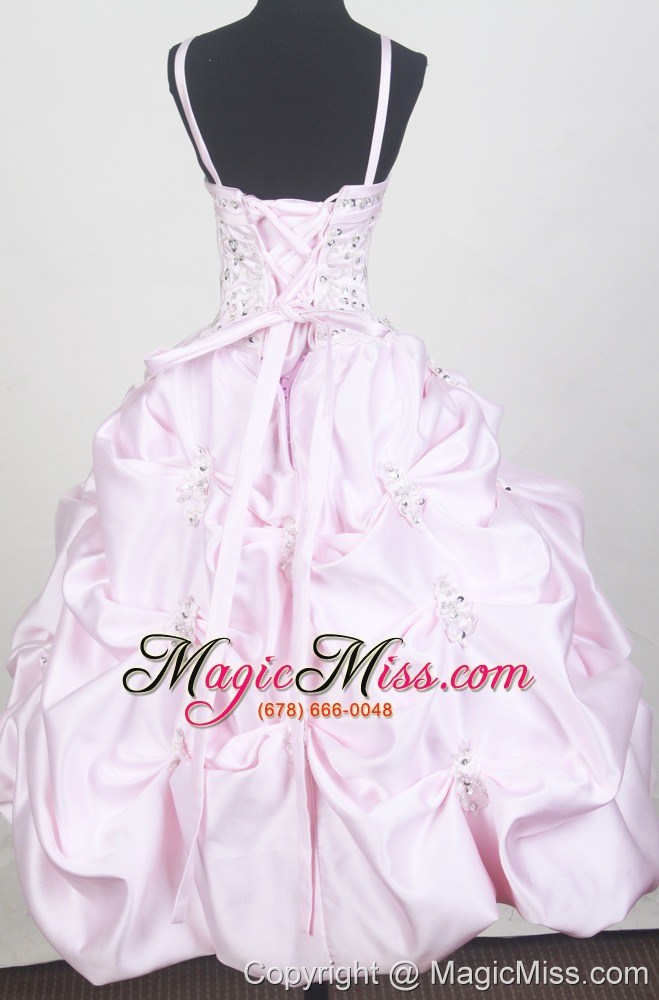 wholesale beaded decorate bodice and pick-ups for baby pink little girl pageant dresses
