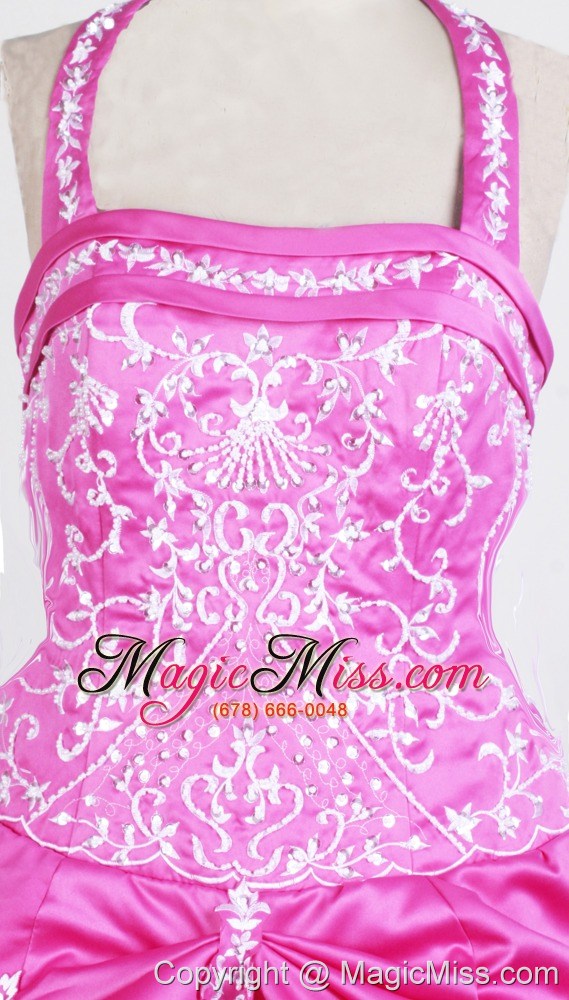 wholesale halter top and embroidery for hot pink little girl pageant dresses with appliques and pick-ups