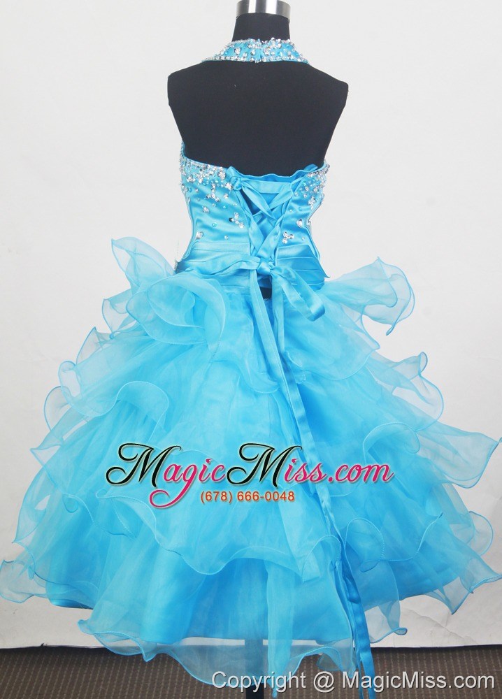 wholesale beading halter and ruffled layers little girl pageant dresses with aqua blue