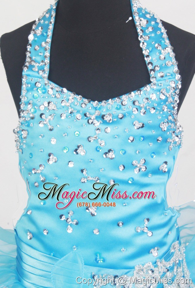 wholesale beading halter and ruffled layers little girl pageant dresses with aqua blue