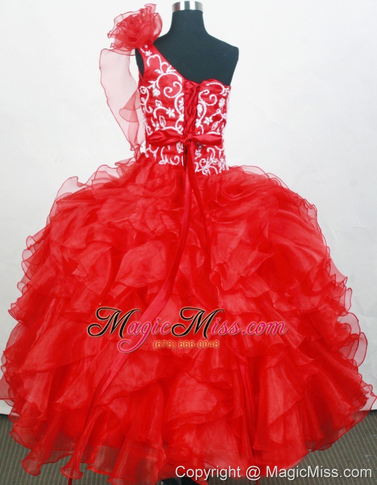 wholesale red one shoulder little girl pageant dresses with hand made flowers and ruffled layers