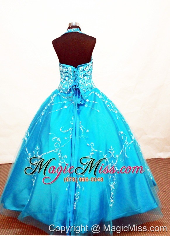 wholesale modest blue flower girl pageant dress with appliques decorate on tulle halter neckline