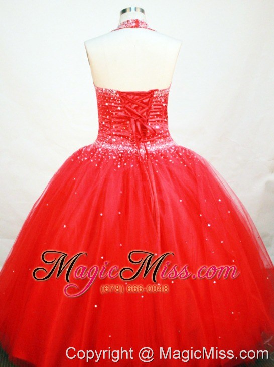 wholesale red custom made beaded decorate tulle flower girl pageant dress with halter neckline