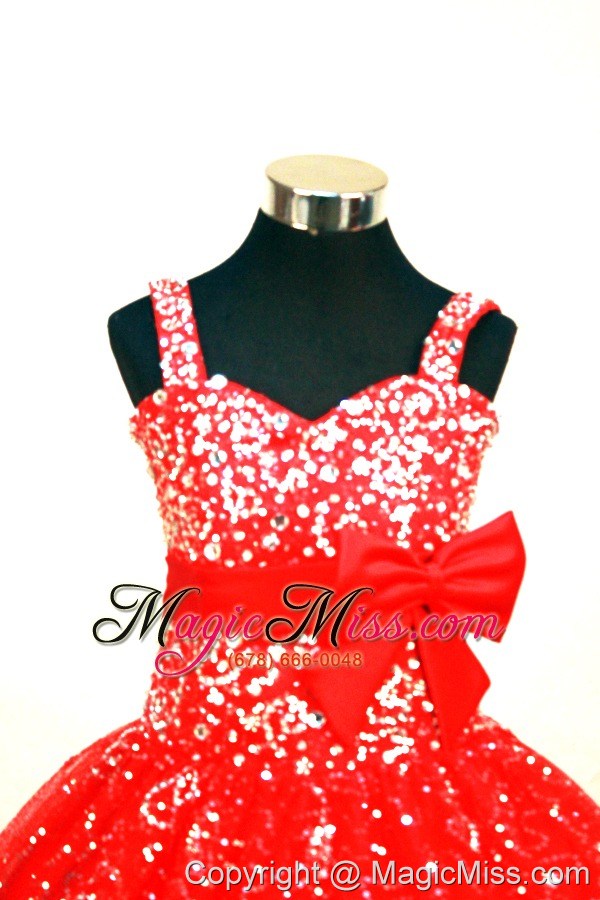 wholesale elegant sequin red flower girl pageant dress with belt and beaded decorate