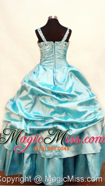wholesale blue beaded and ruch decorate on taffeta flower girl pageant dress with straps neckline zipper-up