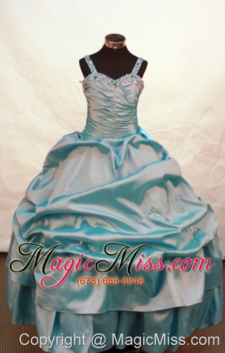 wholesale blue beaded and ruch decorate on taffeta flower girl pageant dress with straps neckline zipper-up