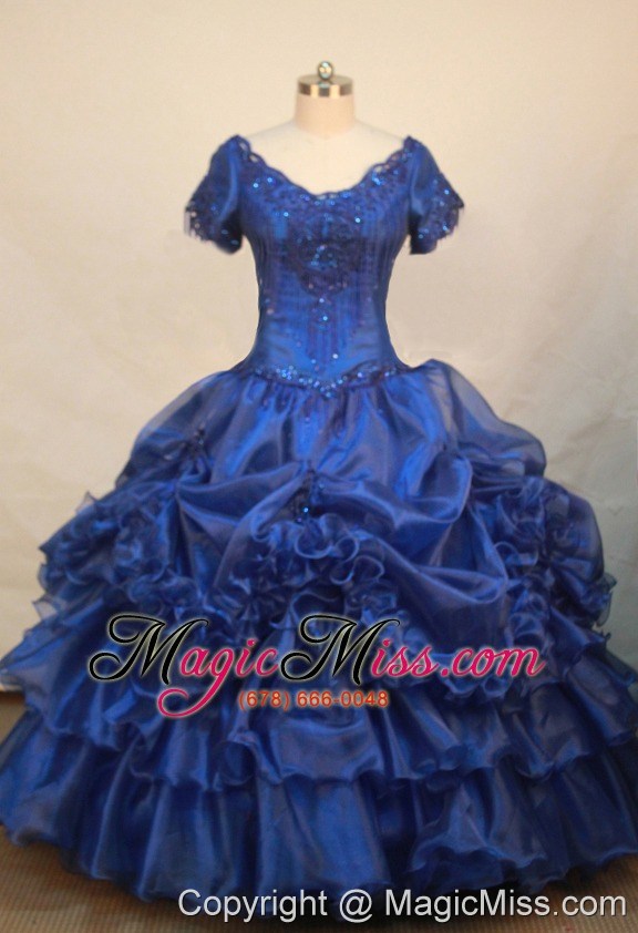wholesale luxurious blue v-neck short sleeves beaded decorate organza flower girl pageant dress