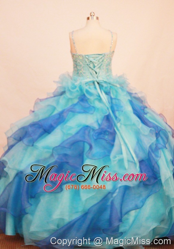 wholesale multi-color beaded and ruffled layers decorate organza gorgeous flower girl pageant dress with spaghetti straps