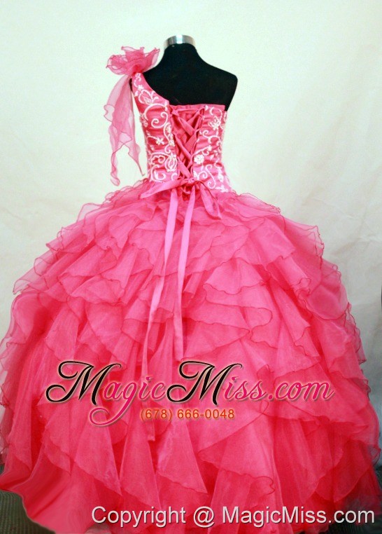 wholesale perfect hot pink one shoulder neckline flower girl pageant dress with embroidery and flower decorate organza
