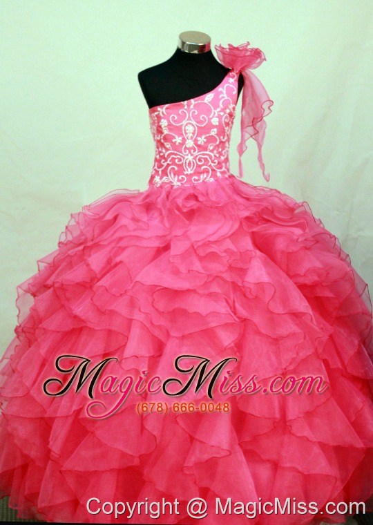 wholesale perfect hot pink one shoulder neckline flower girl pageant dress with embroidery and flower decorate organza