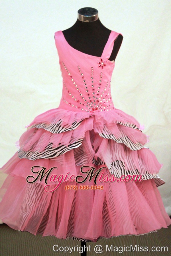 wholesale beautiful asymmetrical neckline rose pink organza flower girl pageant dress with beaded decorate