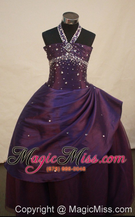 wholesale dark purple beaded decorate princess halter neckline flower girl pageant dress