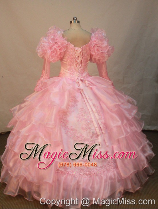 wholesale luxurious watermelon organza flower girl pageant dress with long sleeves appliques and ruffled layers decorate