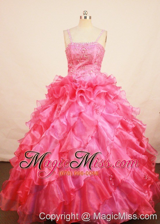 wholesale coral red flower gril pageant dress with beaded and ruffles decorate spaghetti straps neckline