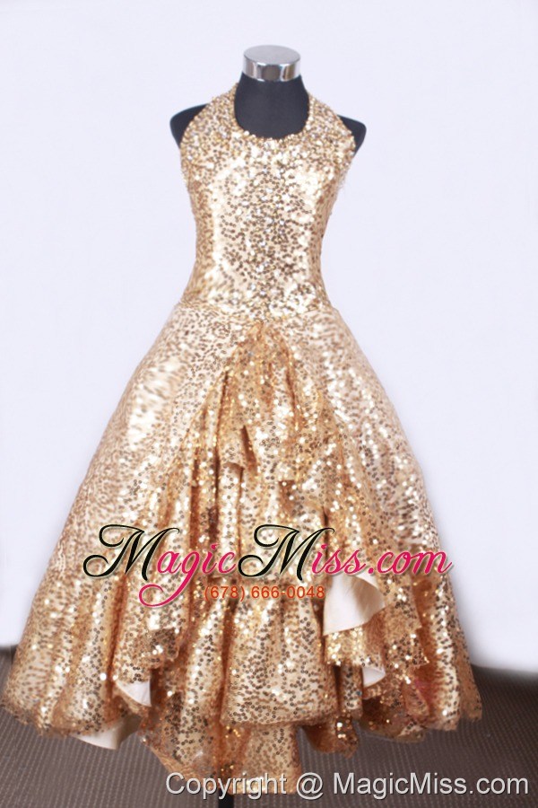 wholesale popular a-line and halter top neck for little girl pageant dresses with gold