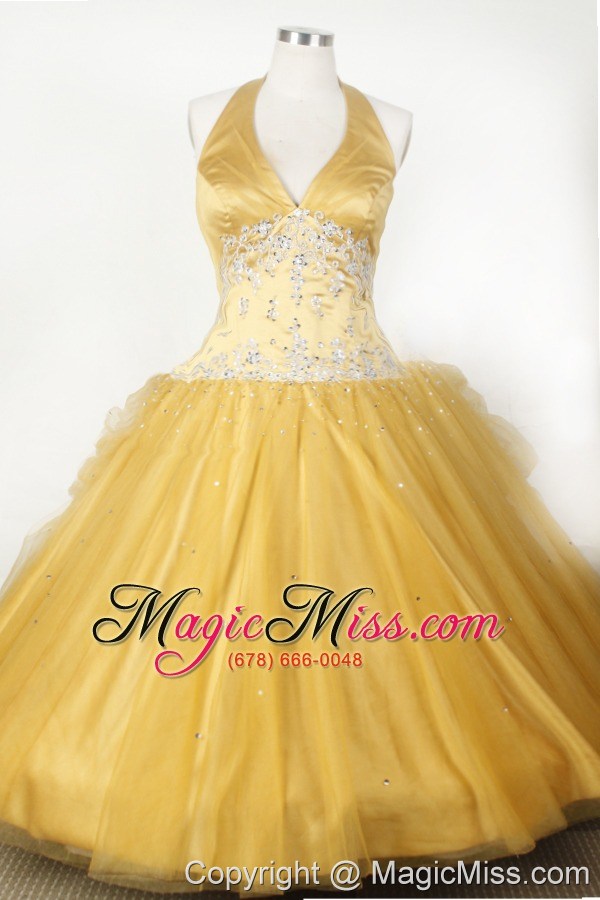 wholesale appliques and beading for little girl pageant dresses with gold halter